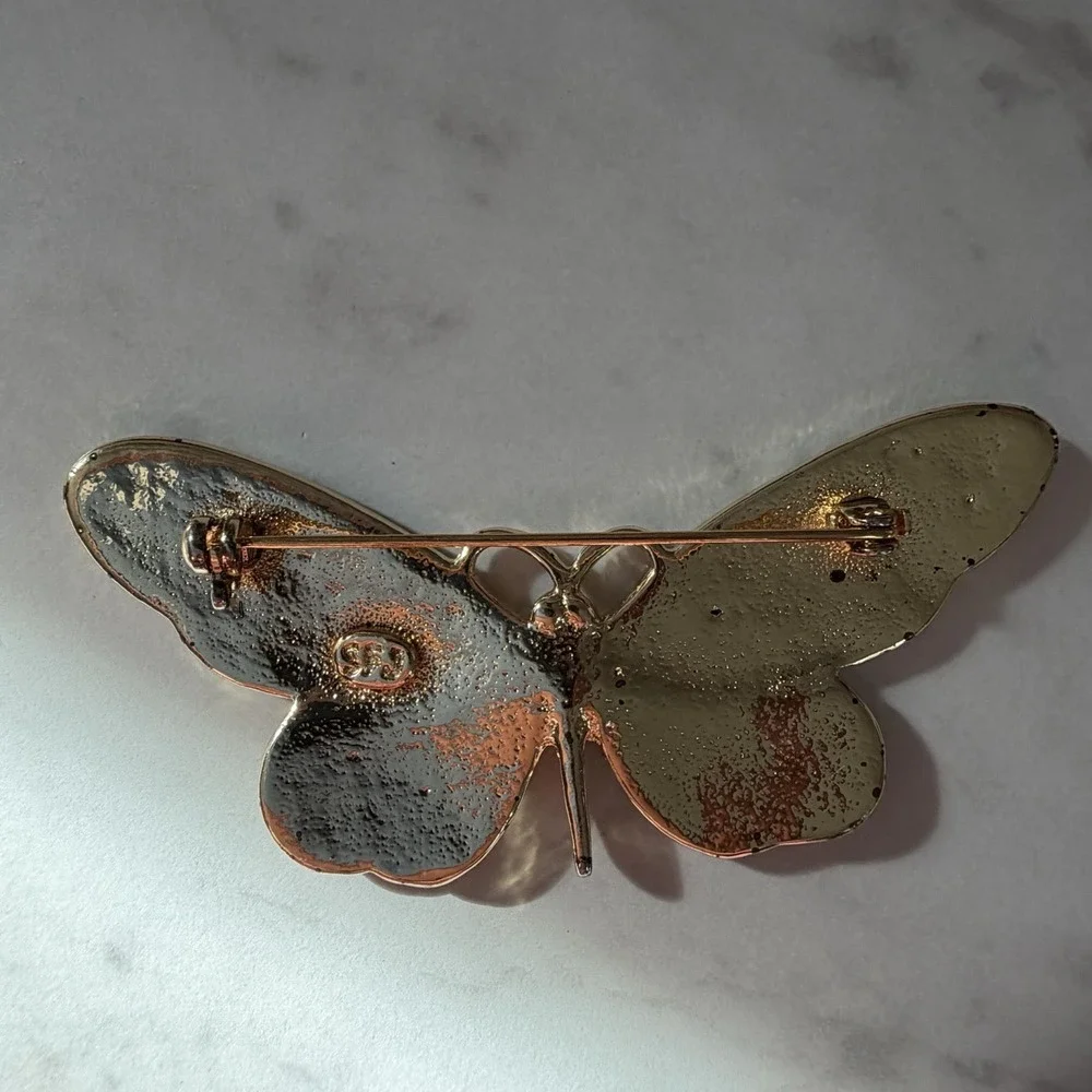 Vintage SFJ‎ Orange Brown Enamel Butterfly Pin Brooch Orange Brown Gold Tone